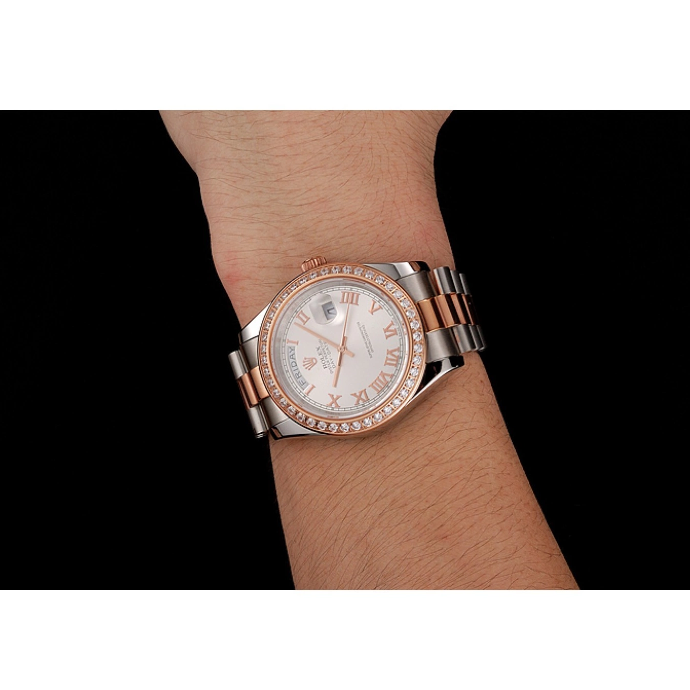 AAA Replica Watches Gold White Staineless Rose Swiss 1454108 Rolex Bezel Day-Date Dial Diamonds Steel Bracelet And 0731